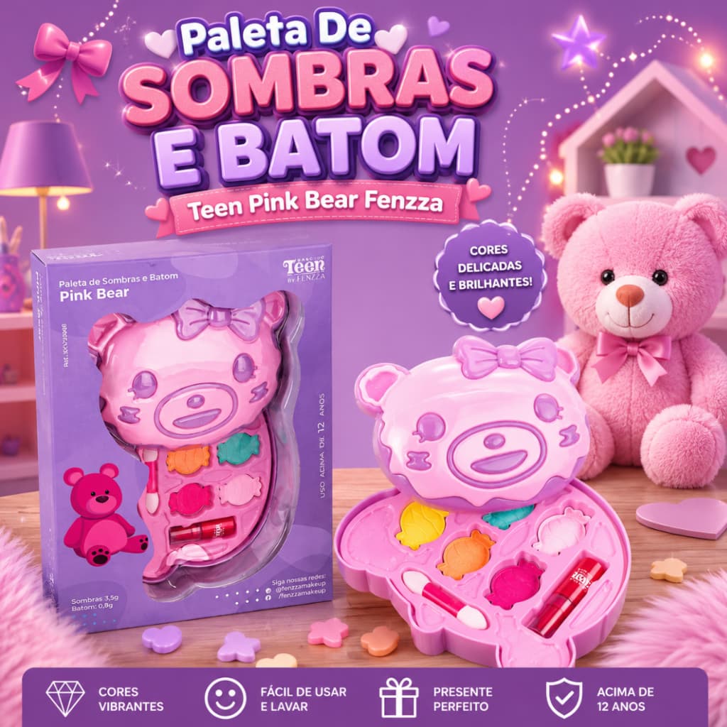 Kit Maquiagem Infantil Paleta De Sombras E Batom Teen Pink Bear Fenzza