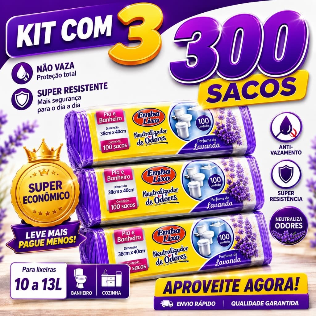 kit 3 sacos de lixo Para Banheiro Cozinha Anti Odores 300 Unidades Perfumado Lavanda 38x40