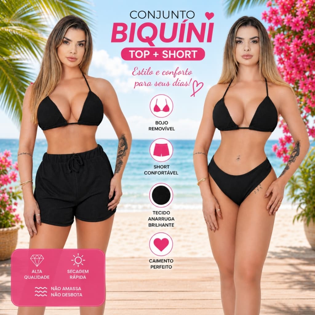 Conjunto 3 Peças Biquíni Feminino com Short Moda Praia Anarruga Brilhante Premium