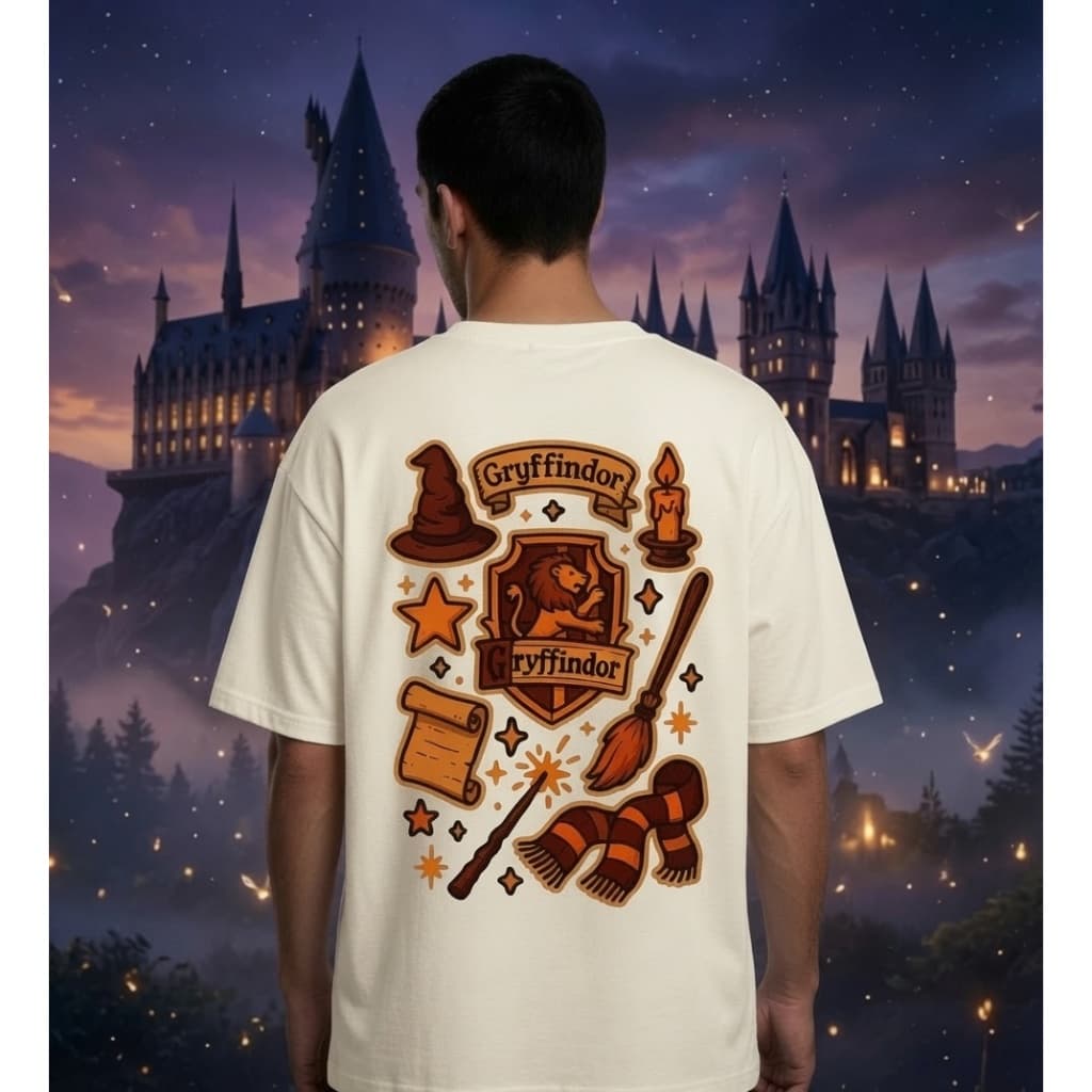 Camiseta Oversized Harry Potter Gryffindor Chibi Estampa Várias Cores Masculina Algodão Confortável