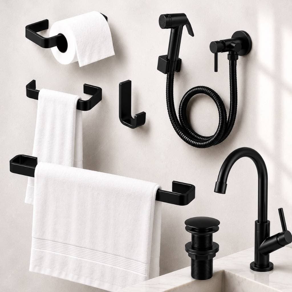 Kit Acessórios Banheiro Preto Fosco Banheiro 7 Peças Luxo Ducha Higiênica + Valvula Click + Torneira 1/4
