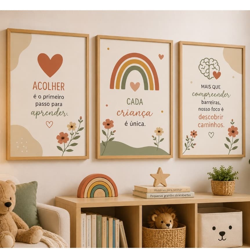 Quadro Decorativo Infantil Autismo 3 Peças MDF Frases Motivacionais Arco-Íris Sala Hall Quarto