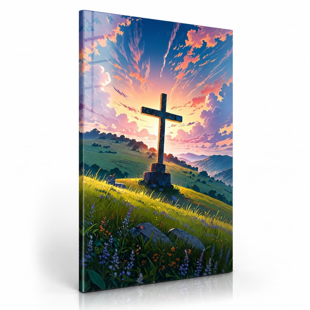 Quadro Decorativo Cruz Cristã com Paisagem ao Entardecer Arte Religiosa para Sala