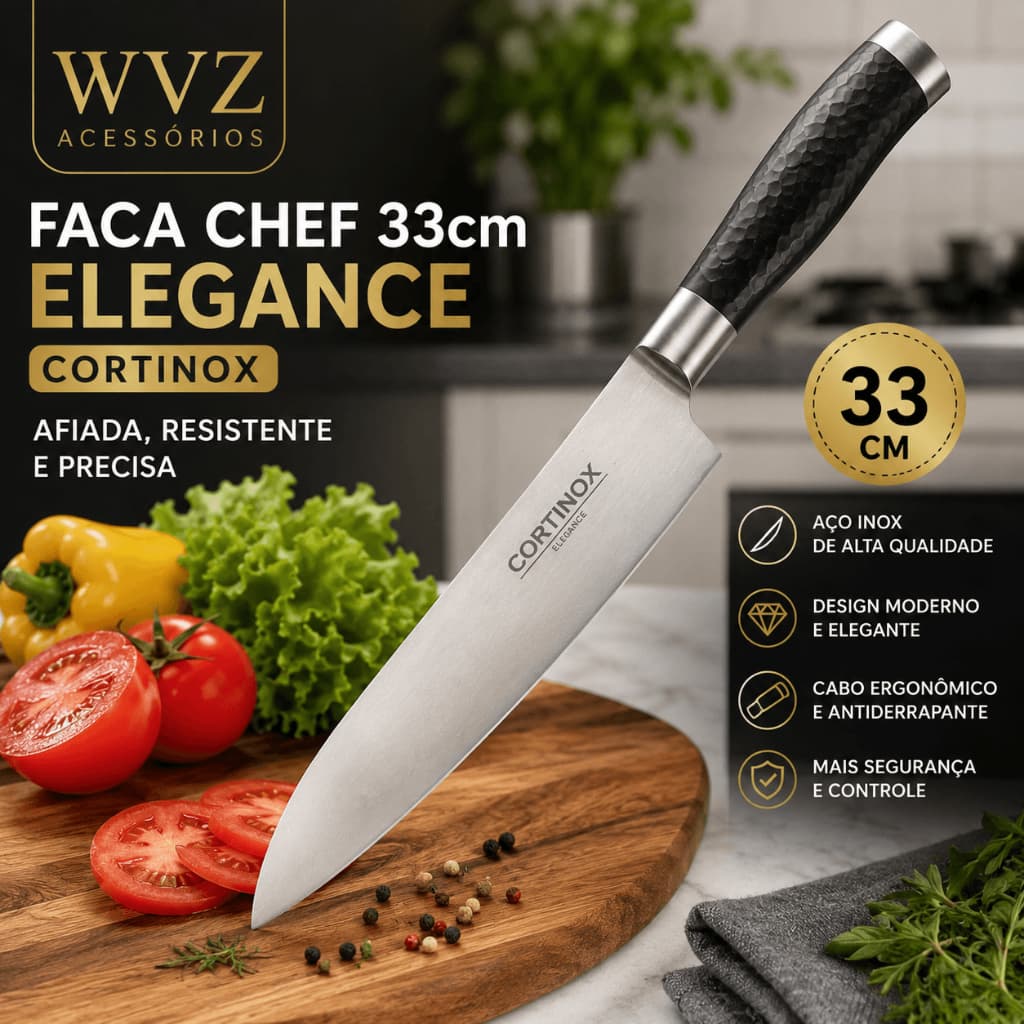 Faca Chef 33cm Cortinox Elegance Aço Inox Cabo Ergonômico Profissional Cozinha Premium 🔪✨