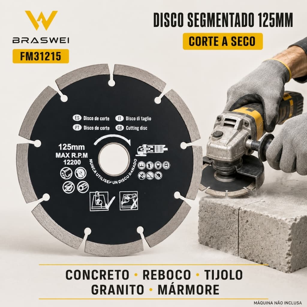 Disco Diamantado Segmentado 125mm Professional Para Esmerilhadeira Corte A Seco Concreto Tijolo Granito Marmore Braswei