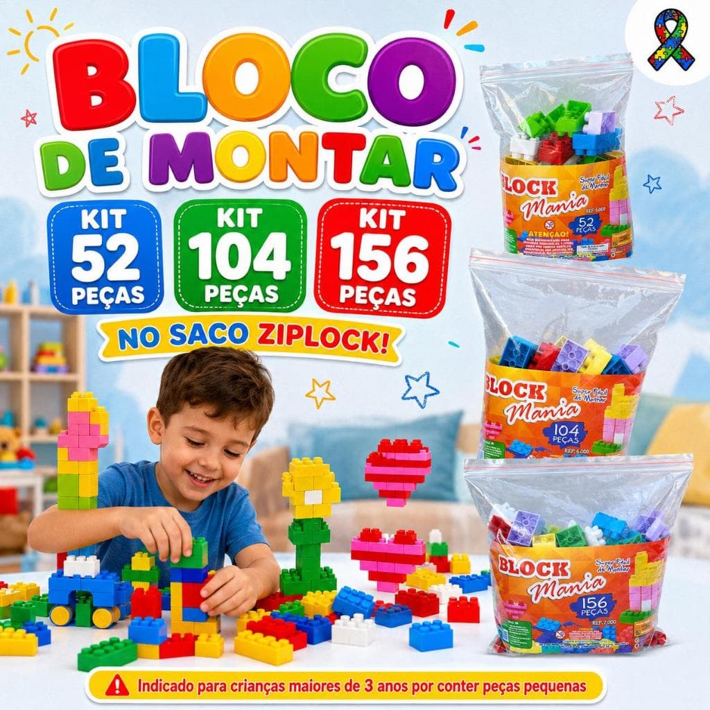 Blocos De Montar No Saco Ziplock 52/104/156 Peças Coloridas Crianças Maiores De 3 Anos Brinquedo Presente Infantil