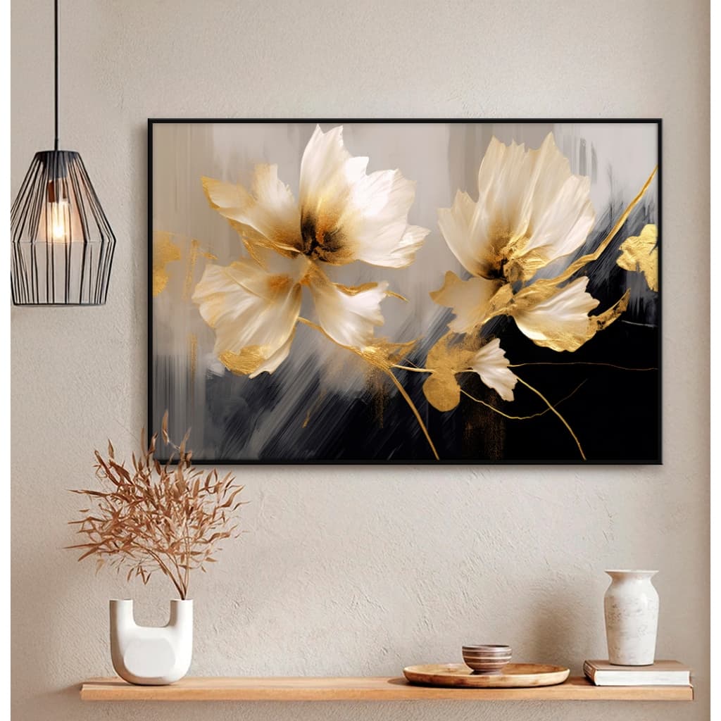 Quadro sem Vidro Floral Pintura Digital Flores com Pétalas Douradas Quadro Decorativo