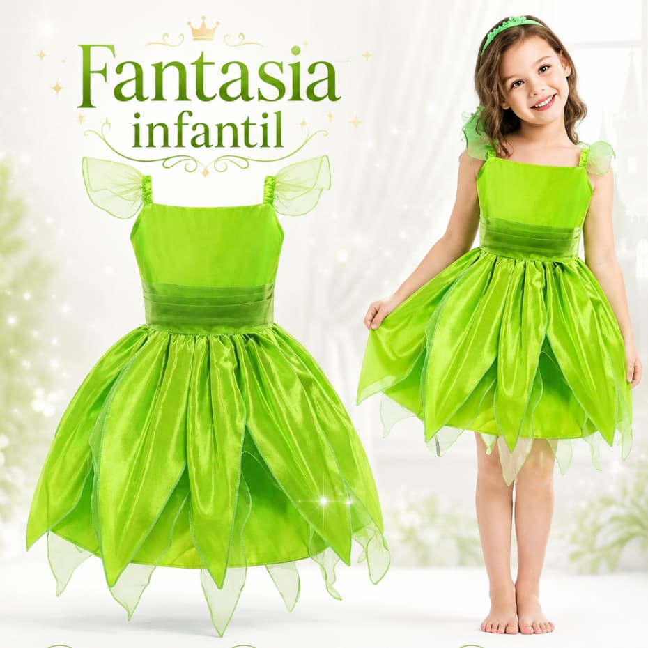 Fantasia Vestido de Fada Infantil Sininho Tinker Bell Peter Pan Criança Menina Presente Halloween