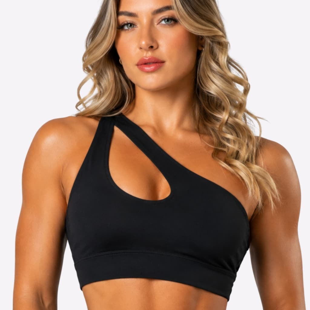 Top Fitness Feminino Um Ombro Só com Bojo Suplex Modelo One Shoulder Abertura Frontal para Academia
