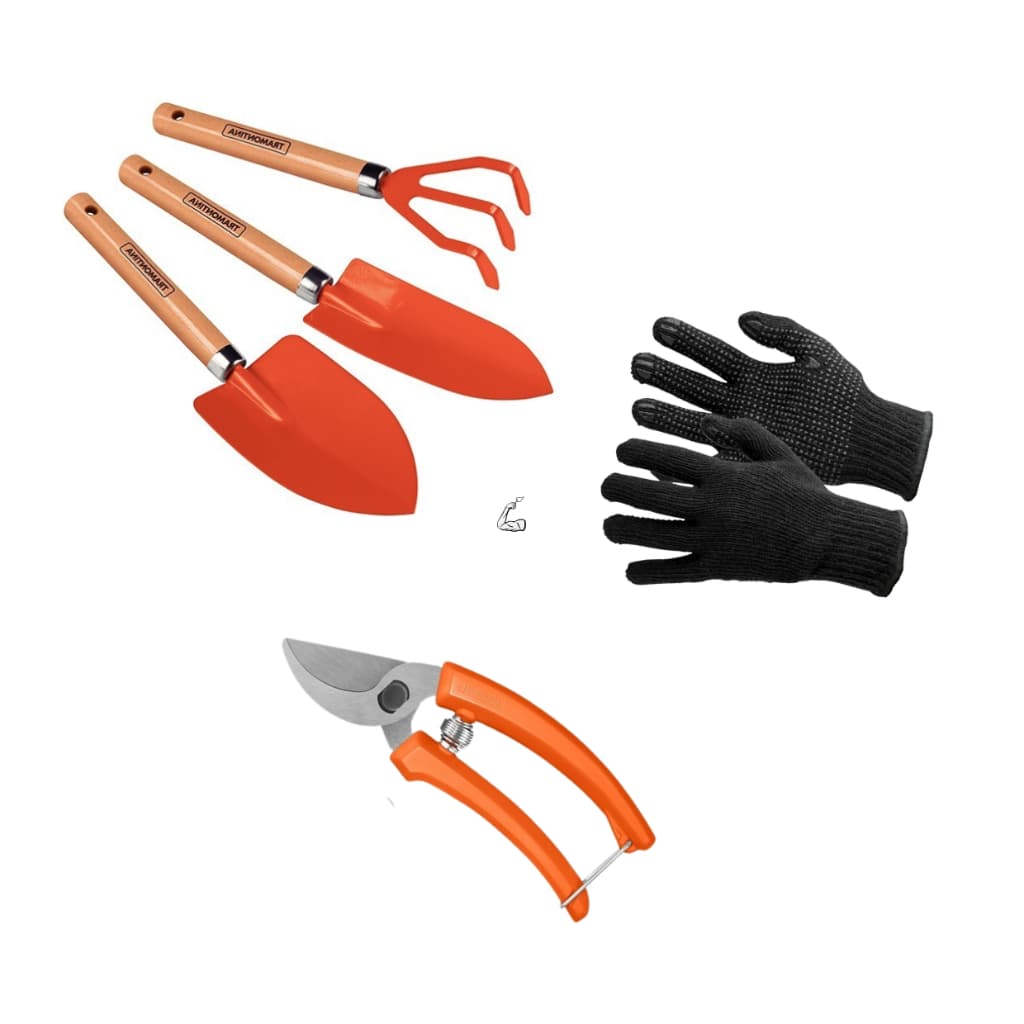 Kit Jardinagem 5 Pç Tramontina Tesoura Poda Ancinho 2 Pá + Luva Brinde