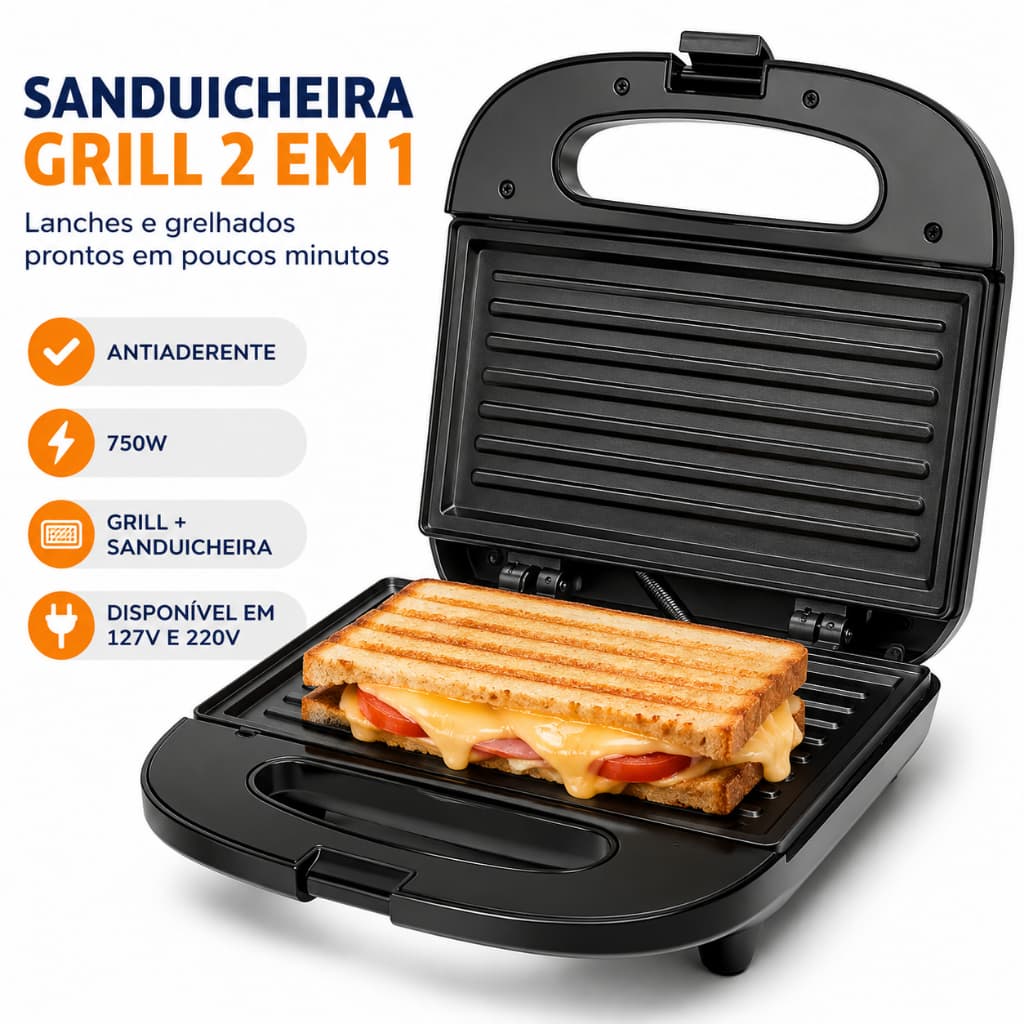 Sanduicheira Elétrica Grill 2 em 1 Antiaderente Prensa Dupla 750W Startools 127V/220V