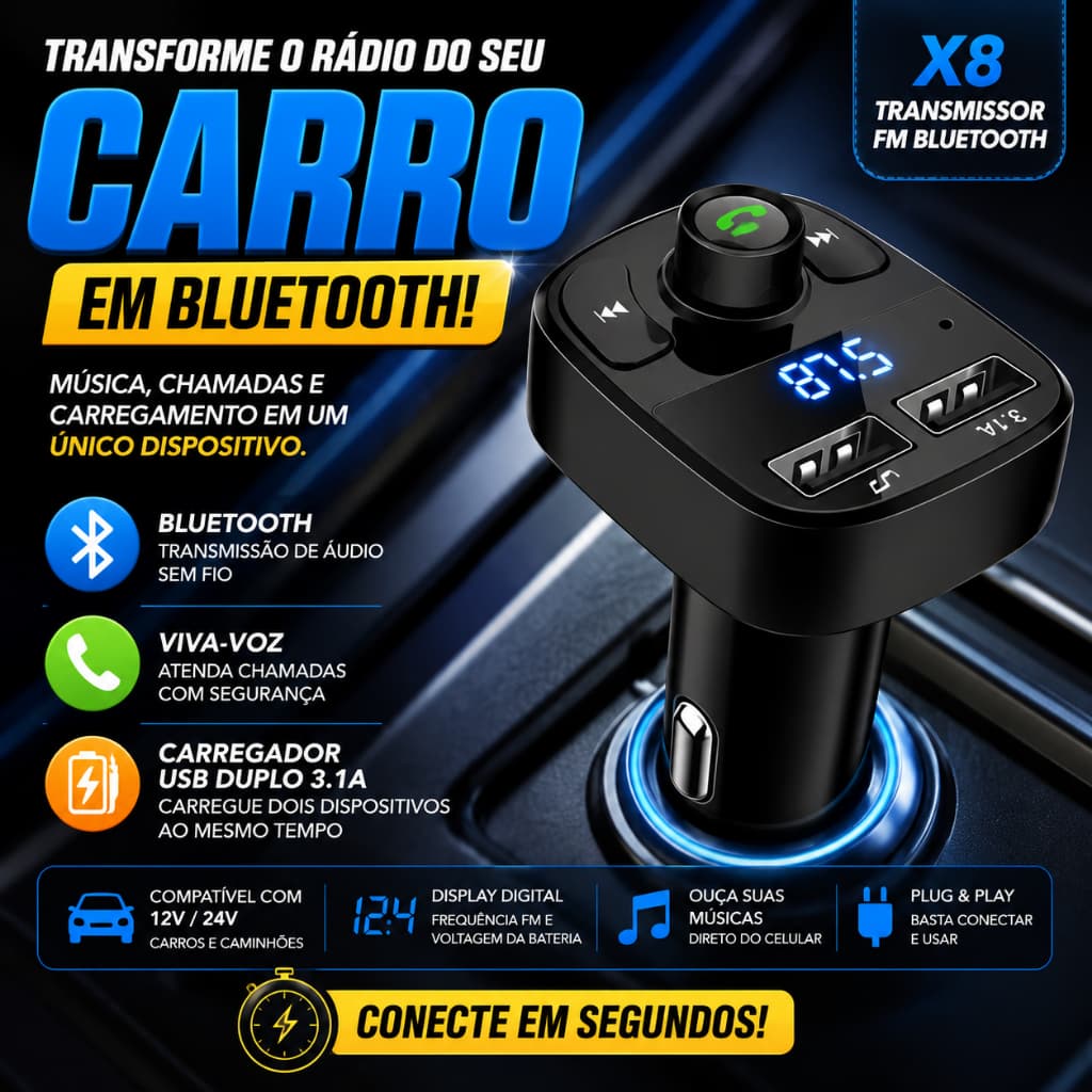 Transmissor FM Bluetooth Veicular X8 – Carregador USB e Som Automotivo em um Único Dispositivo - QCC-001