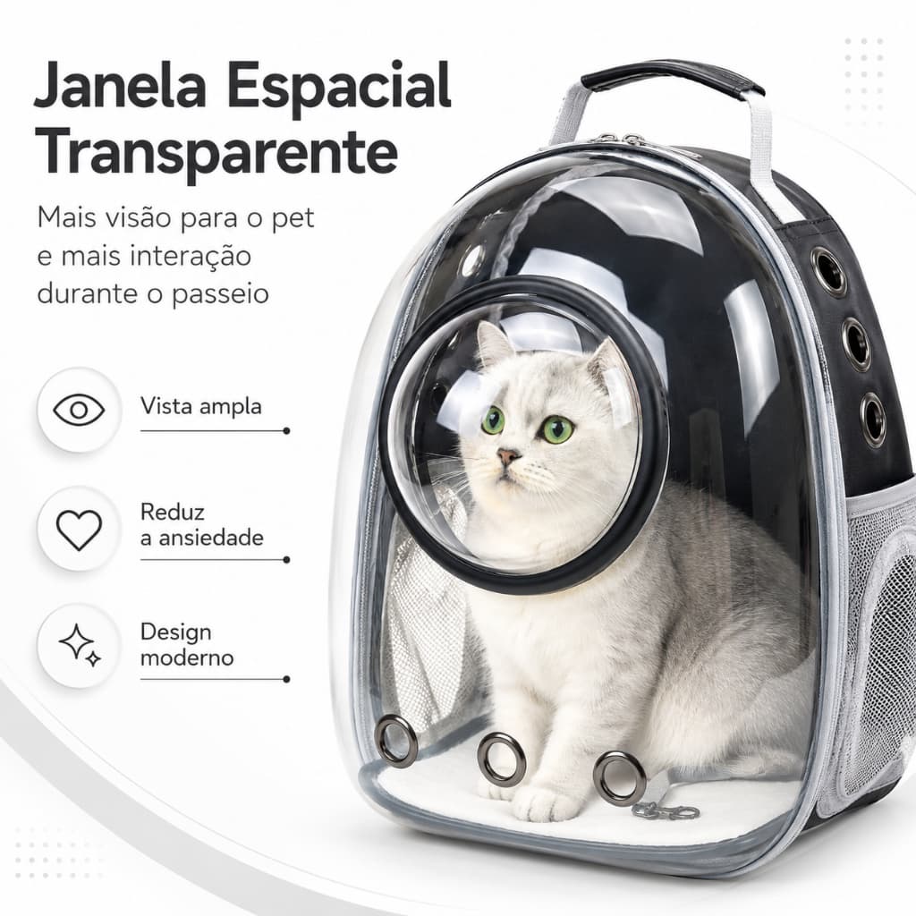 Mochila Bolsa Pet Transparente Visão Panorâmica, Transporte Confortável para Gato e Cachorro para Passeio e Viagem