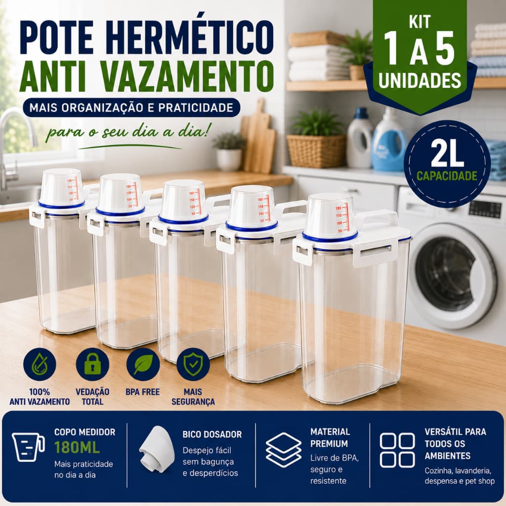 Pote Hermético 2 Litros 1 a 5 UND Porta Mantimentos Sabão em Pó Ração Pet Bico Dosador Copo Medidor