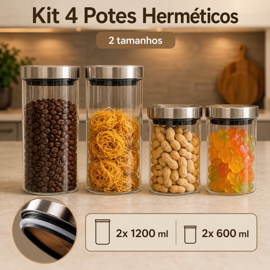 Kit Pote Hermético Jogo c/ 4 Potes 2x 600ml 2x 950ml Tampa Inox Vidro Organização Resistente