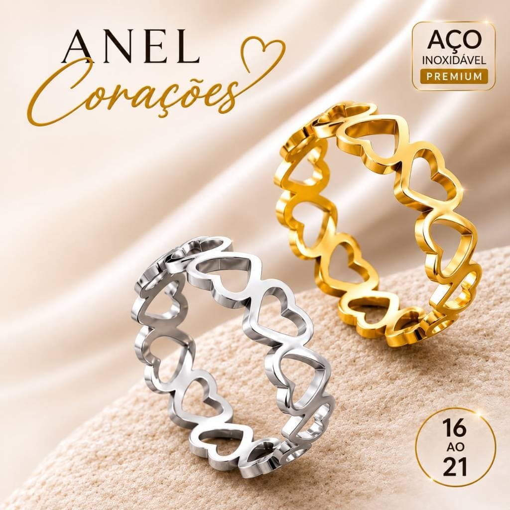Anel Corações Feminino Aço Inox Dourado e Prata Antialérgico Delicado Tam. 16 ao 21