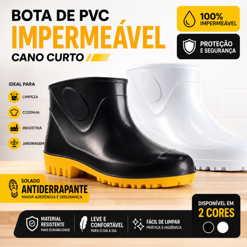 Bota Galocha PVC Branca ou Amarela Impermeável Antiderrapante CA 40681 uso Doméstico ou Profissional