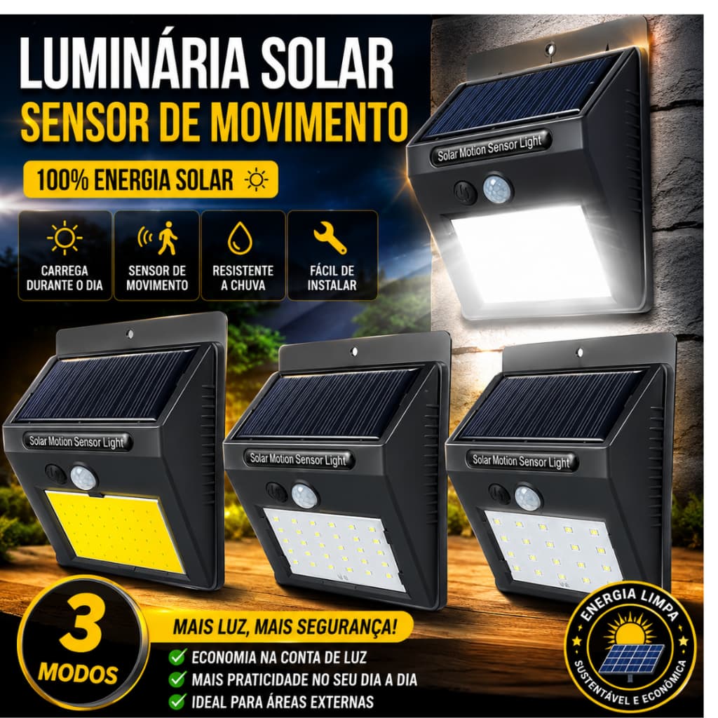 Luminária Solar LED Sensor de Movimento Parede Externa Impermeável 3 Modos Economia de Energia Luz Automática