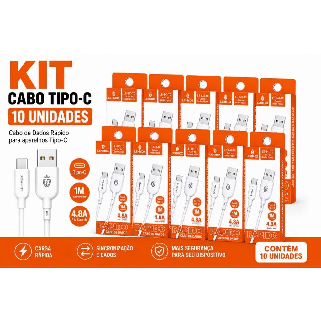 Kit 10 Cabos Tipo C Lehmox 1 Metro 4.8A Carga Rápida USB-C Cabo de Dados para Samsung Xiaomi Motorola Android