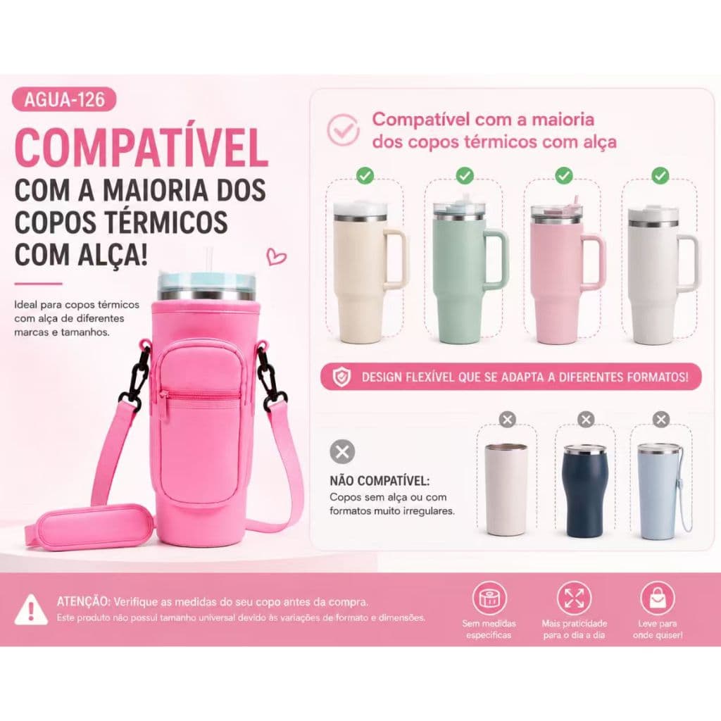 Porta Copo Térmico com Alça e Bolso  | Suporte para Garrafa e Copo com Alça Ajustável AGUA-126