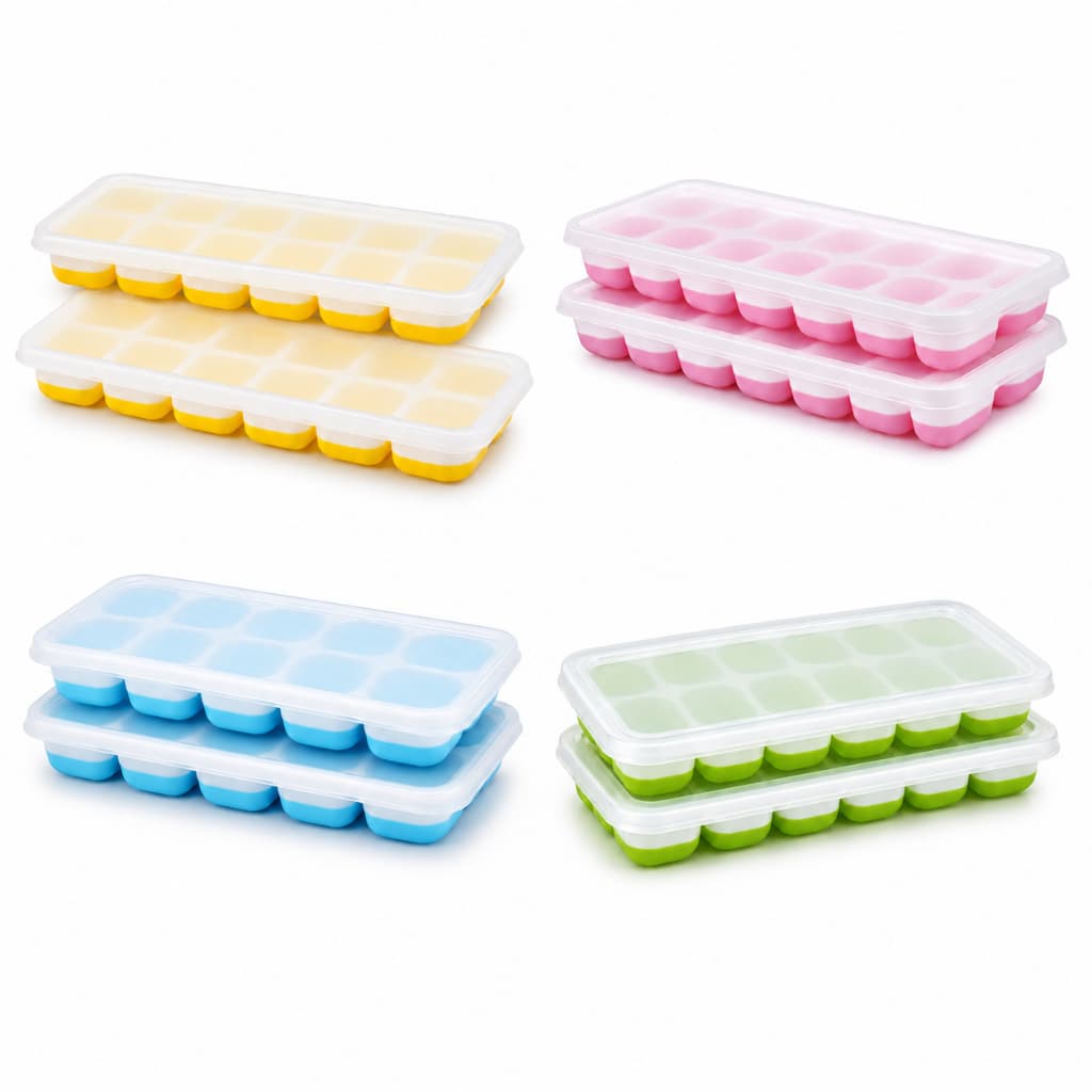 Kit 2 Formas de Gelo Silicone com Tampa Rígida Flexível Fundo 14 Cubos Retangular Multiuso Lavável