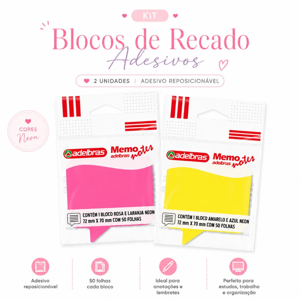 Kit 2 Blocos de Recado Adesivo Memonote Diálogo 72x70mm Adelbras Neon