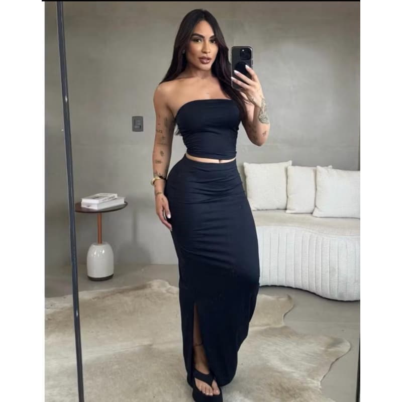 Cropped Tomara que Caia + Saia Midi com Fenda em Suplex Feminino