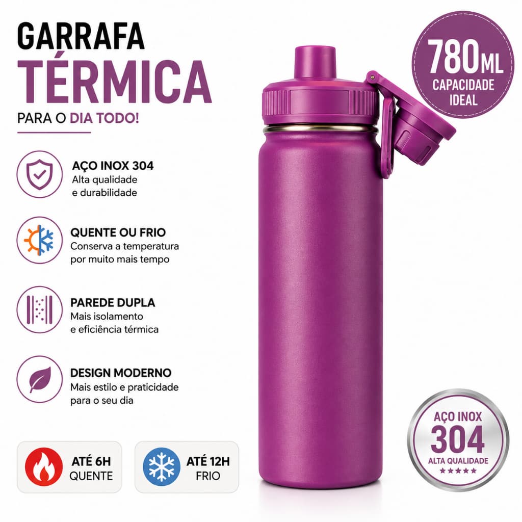 Garrafa Térmica Inox 780ml com Alça e Bico Flip Parede Dupla Roxa