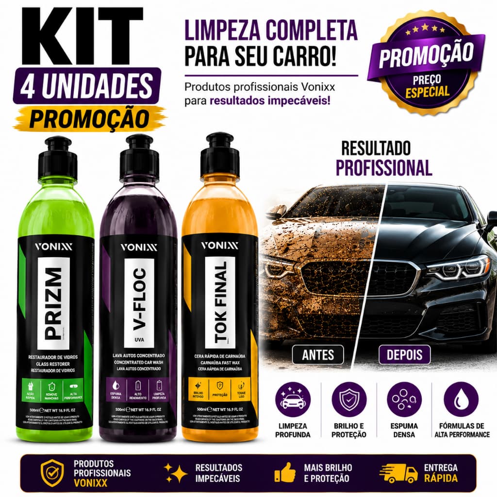 Kit Prizm + V-Floc + Tok Final + Aplicador Espuma Limpeza Completa Vonixx