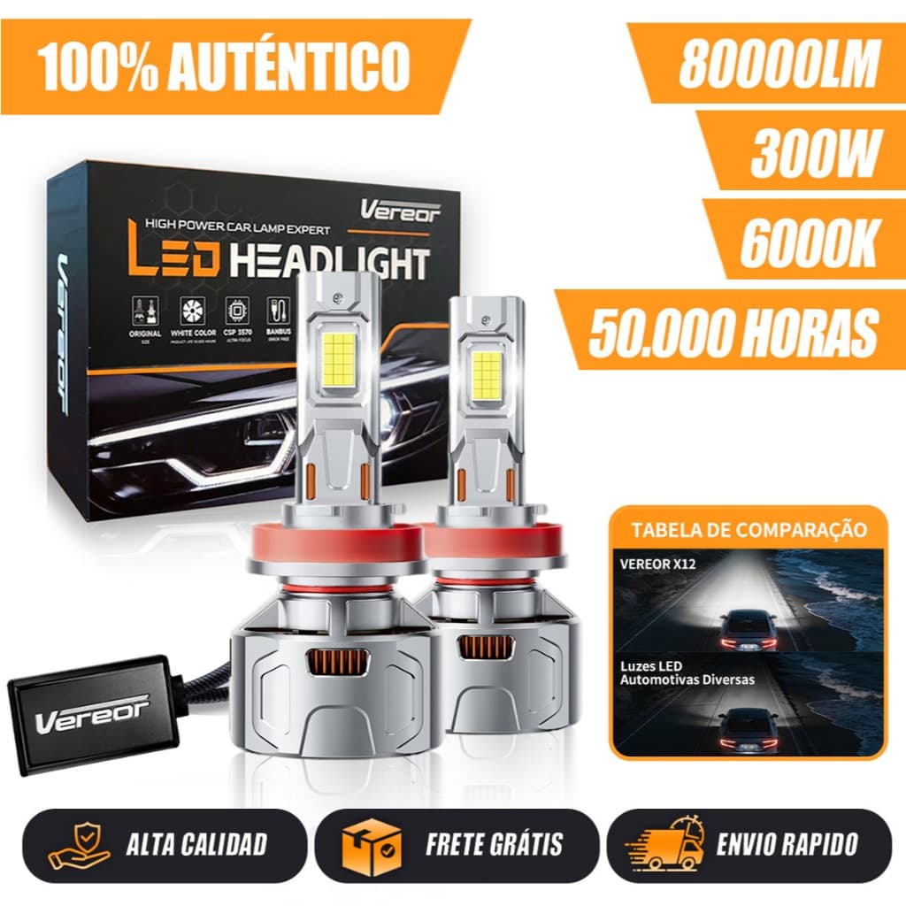 Par Lâmpada LED Farol Automotivo X12 300W 80000LM 6000K Superbrilhante Durabilidade Alta H1 H3 H4 H7 H11 9005 9006