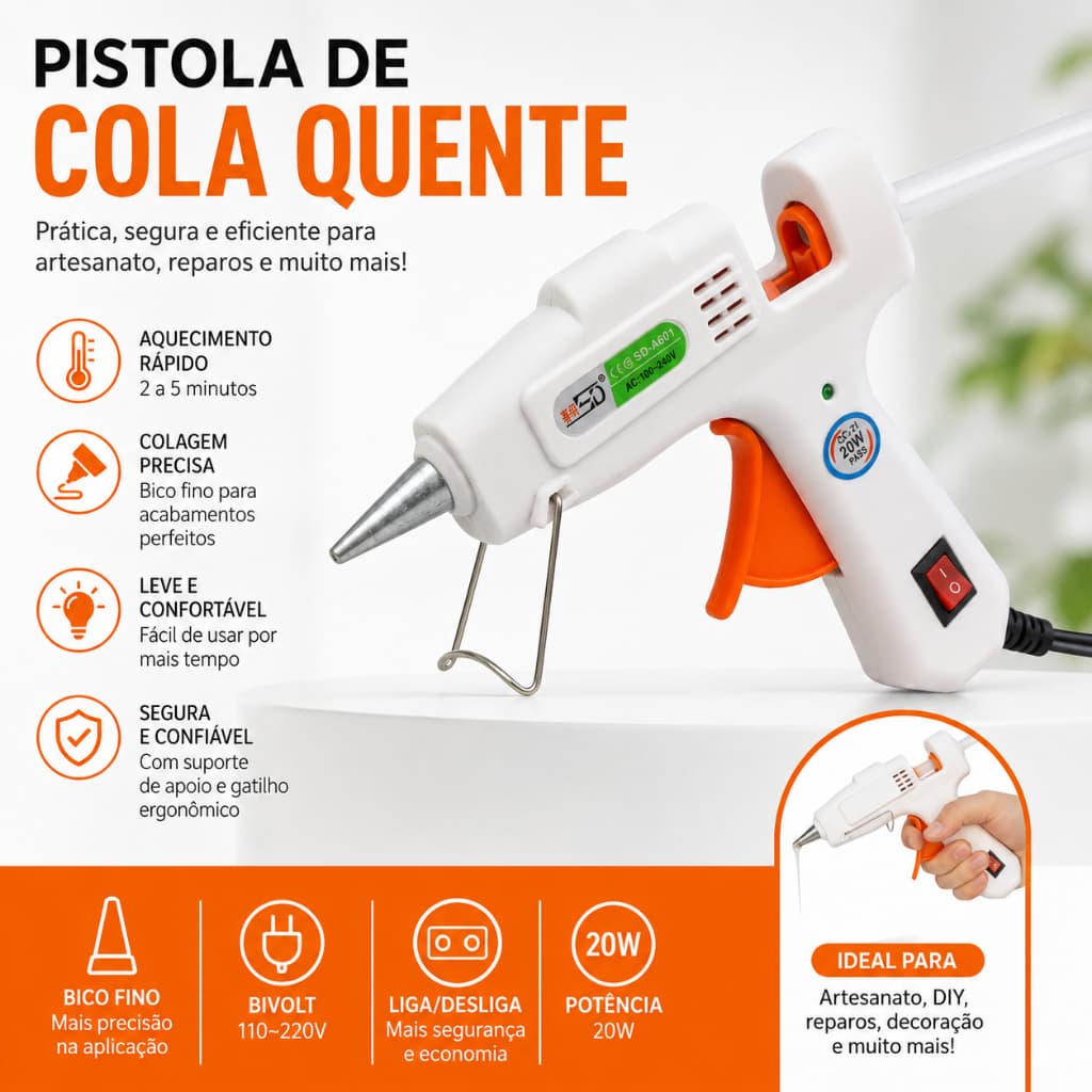 Pistola de Cola Quente 7mm Bico Fino Bivolt 100-240V Liga Desliga Bastão Fino Artesanato