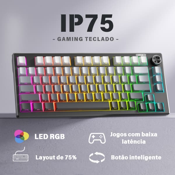 FURYCUBE IP75 Teclado Membrana com fio USB RGB LED Escritório Cinza silencioso Teclas PBT Ergonomia 80 Teclas Latência 0