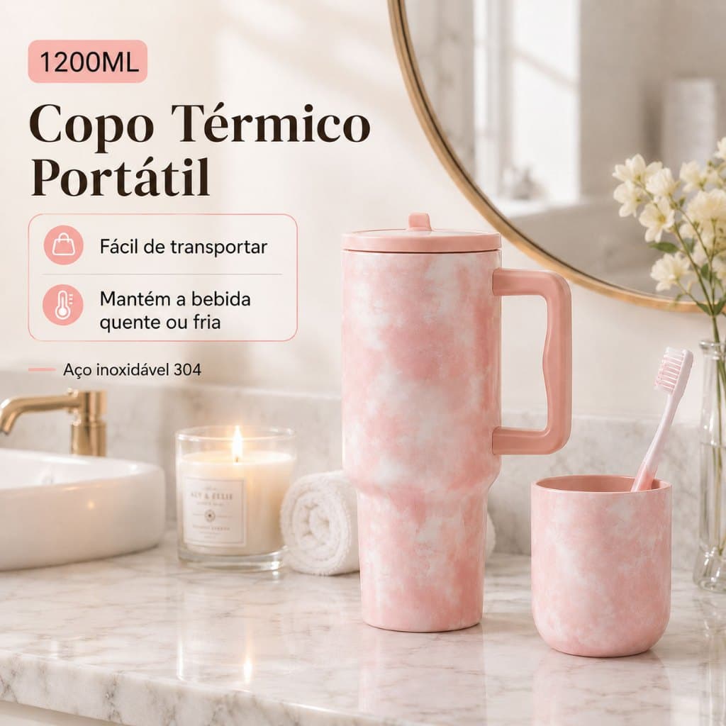 Copo Térmico Inox 1200ml com Tampa e Canudo – Esportivo, Bocal com Bico, Design Mármore Elegante