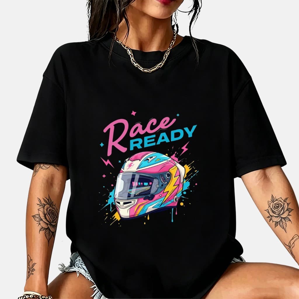 Camiseta Feminina Oversized 100% Algodão | Estampa Capacete Race Ready | Moda Feminina Streetwear Corrida de Carros Plus