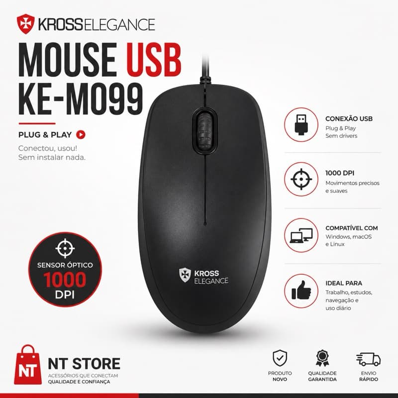 Mouse USB Com Fio Kross Elegance KE-M099 1000 DPI Plug & Play Preto