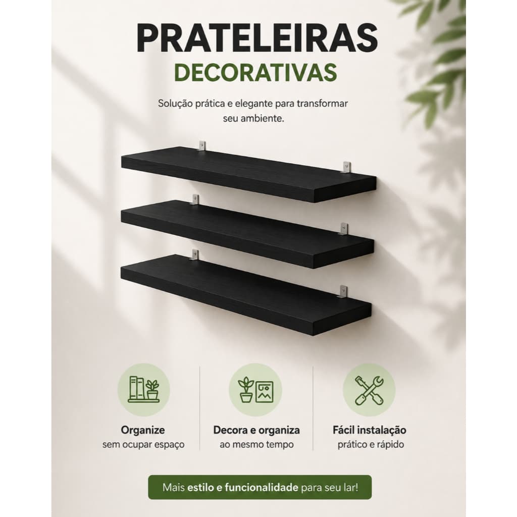 Kit 3 Prateleiras Preta MDF 30x10cm Nicho Decorativo de Parede para Sala Quarto Cozinha Banheiro Escritório