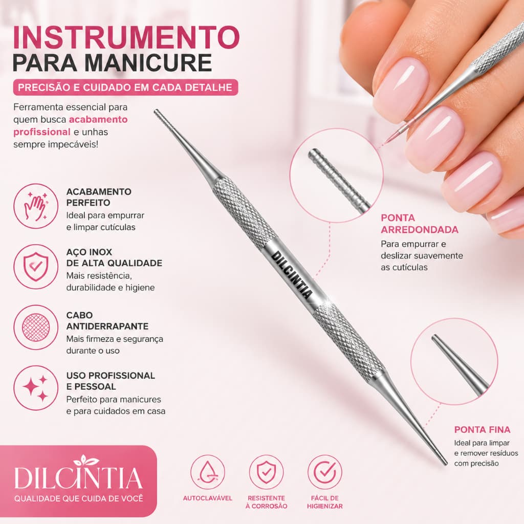 Palito Aço Inox Ponta Dupla para Unhas e Cutículas Dilcintia - Uso Profissional e Doméstico