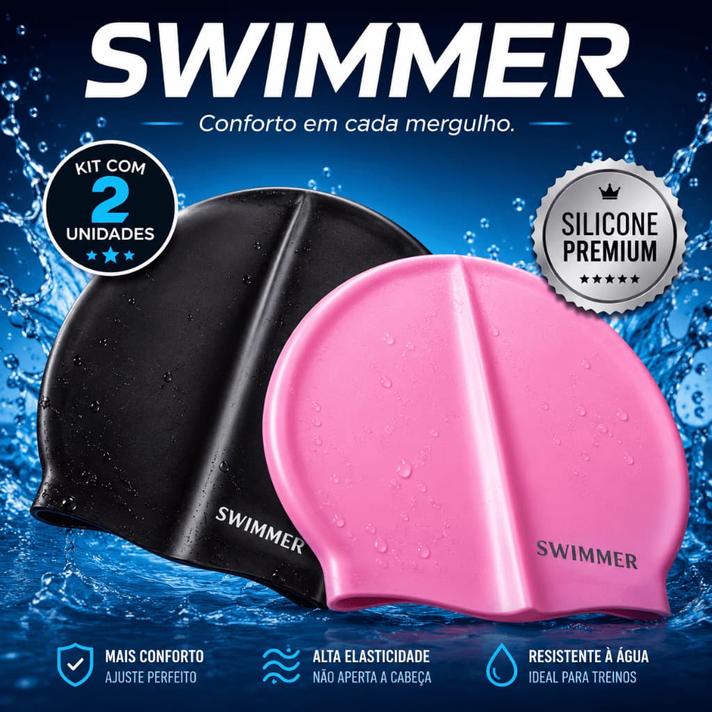 Kit 2 Toucas de Natação Silicone Adulto Unissex Proteção Cabelo Piscina hidroginástica  SWIMMER