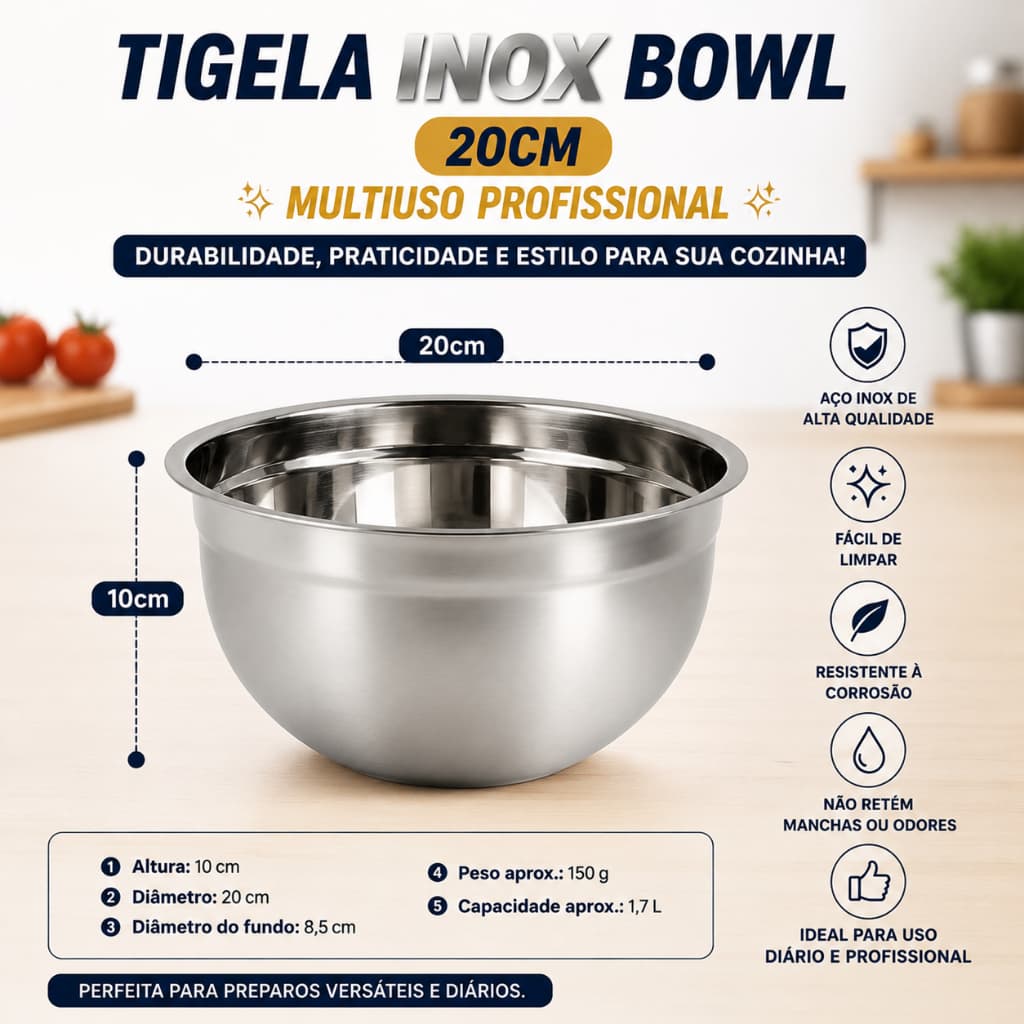 Tigela Inox Bowl 20cm Multiuso Profissional bolo molhos claras em neve
