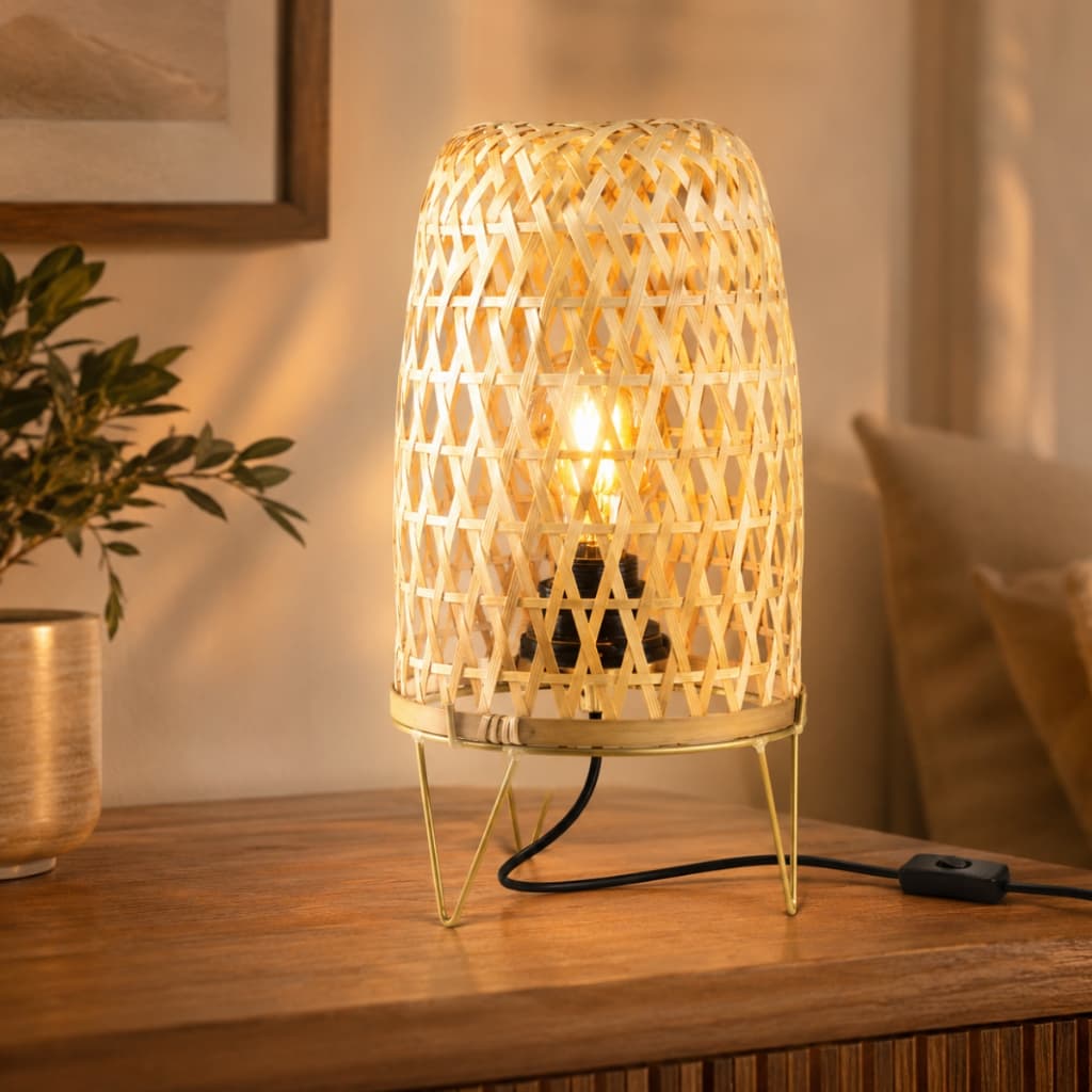 Abajur Luminária de Mesa Bambu Natural Artesanal 34cm com Interruptor para Quarto Sala