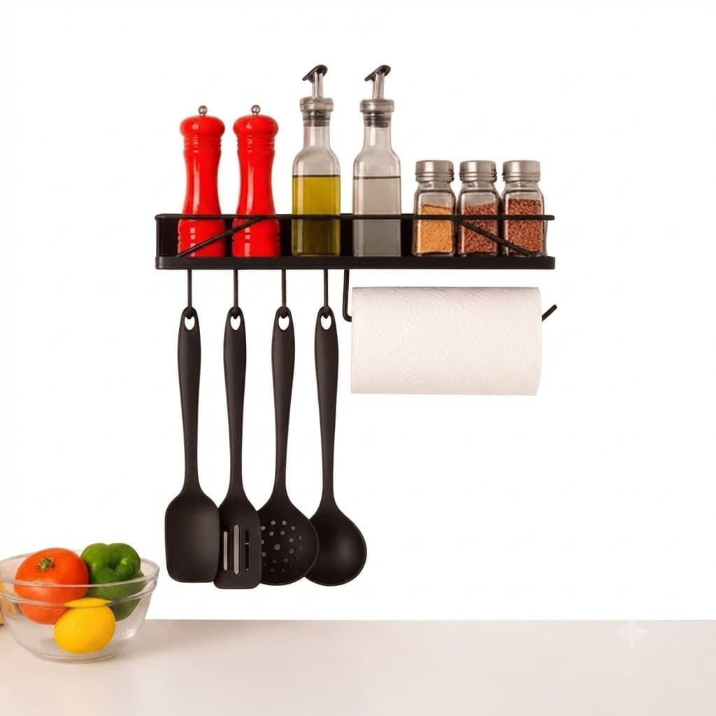 Suporte de Cozinha Porta Tempero de Condimento de Parede com Gancho Porta Talher e Papel em Aço Cor Preto