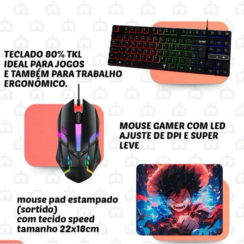 Mageon Kit Teclado Semi Mecânico 80% TKL + Mouse Gamer LED 7 Cores + Mousepad Estampado Speed 22x18cm Ergonômico