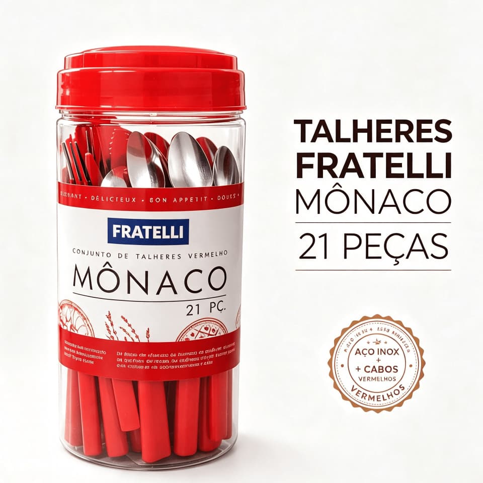 Jogo de Talheres 21 Peças Fratelli Mônaco Vermelho Aço Inox com Pote Organizador Cozinha kit cozinha