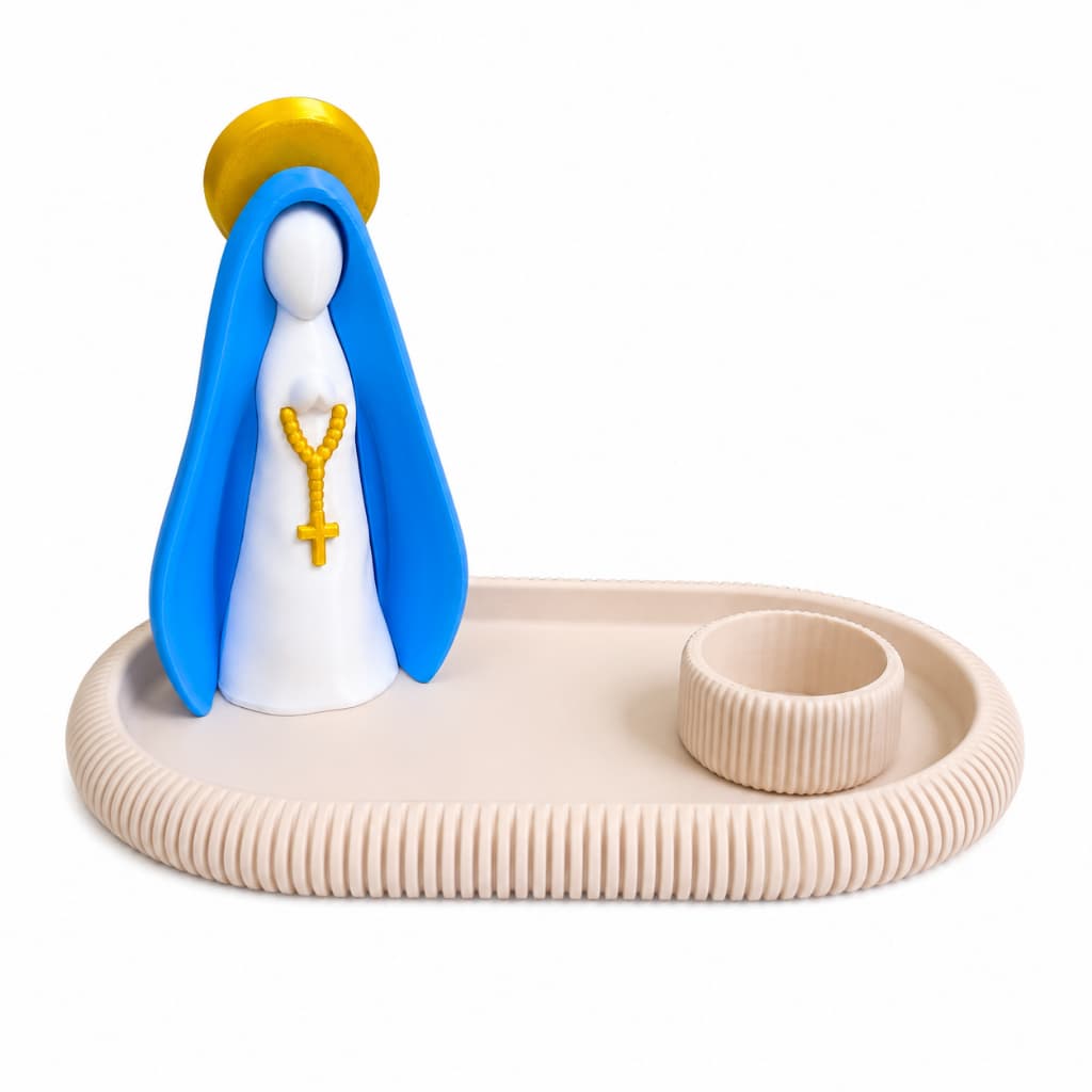 Kit Nossa Senhora Porta Terço Organizador Decorativo com Bandeja Bege Porta Vela