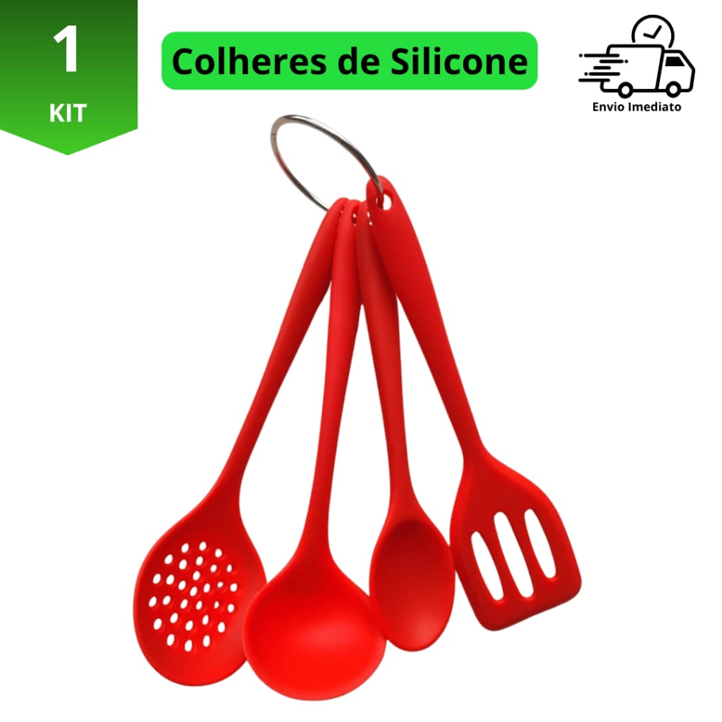 Kit 4 Utensílios Mini de Silicone Cozinha Concha Colher Espátula Escumadeira Antiaderente