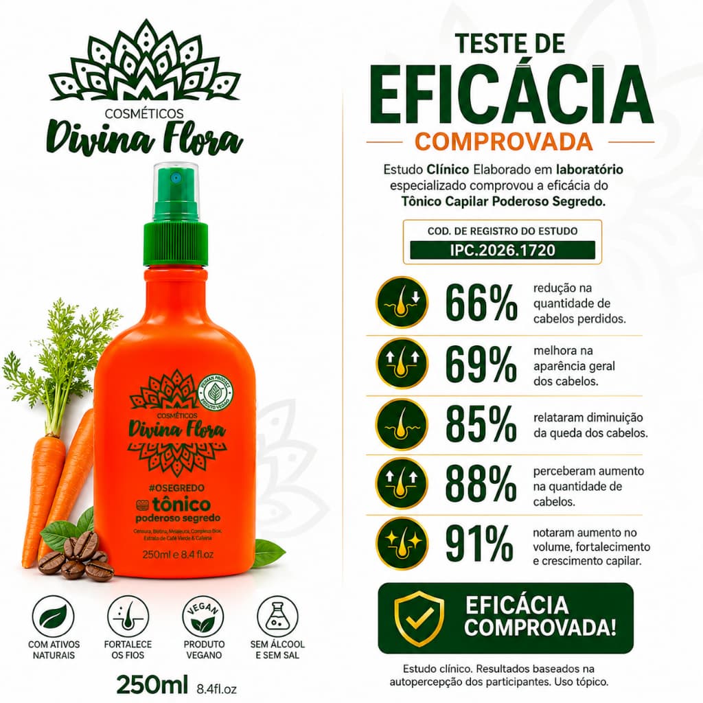 Tônico Poderoso Segredo Cabelos Fortes Divina Flora — Fortalecimento da Raiz, Estímulo ao Crescimento e Ação Anti-Queda