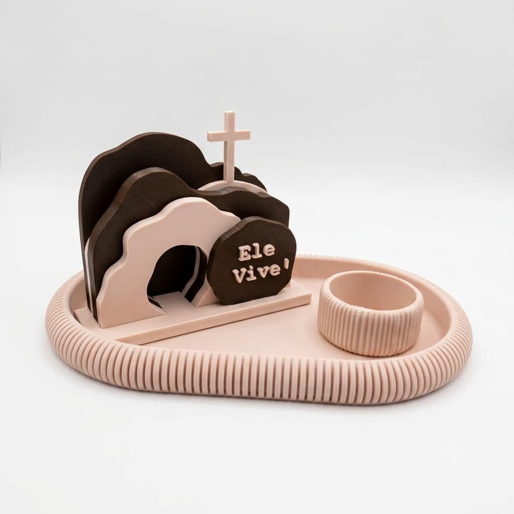 Ressurreição de Cristo Porta Terço e Porta Vela Decorativo com Bandeja Bege