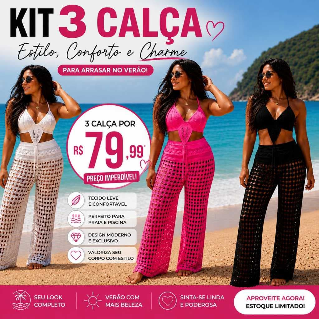 Calça Kit 3 Peças Saida De Praia Feminina Furadinha Com Cordao De Ajuste  Pantalona