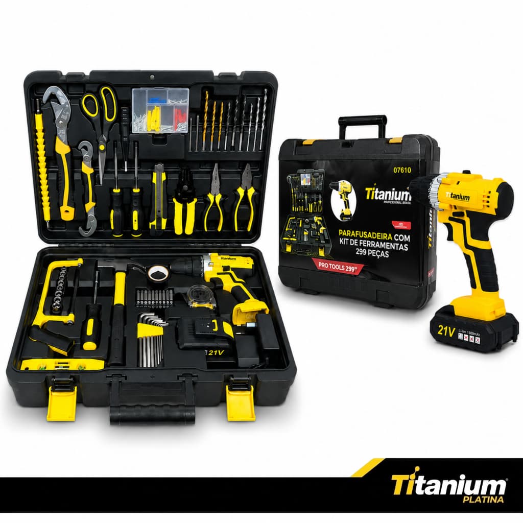 Kit Ferramentas 299 Peças Parafusadeira a Bateria 21V Titanium Platina com Maleta