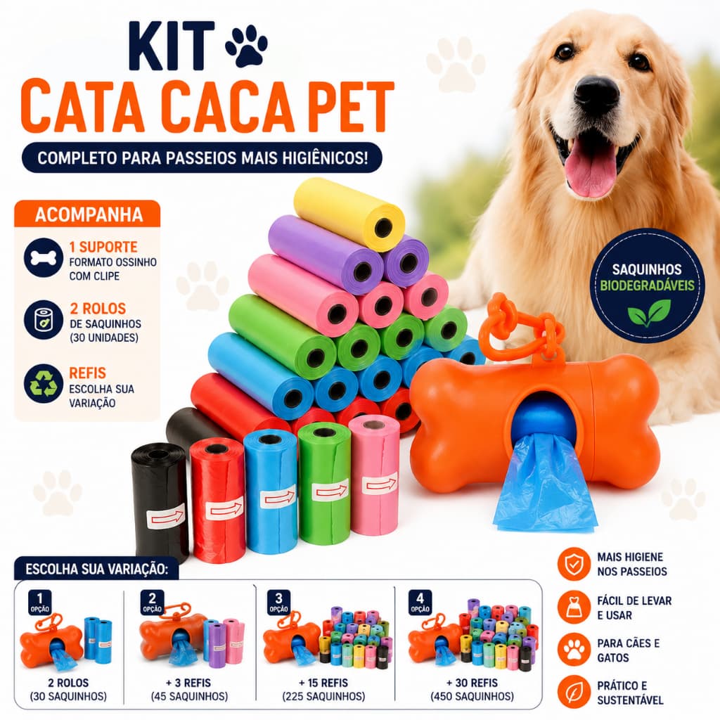 Kit Cata Caca Pet Suporte Ossinho + Refil Saquinhos Higiênicos Cães Gatos